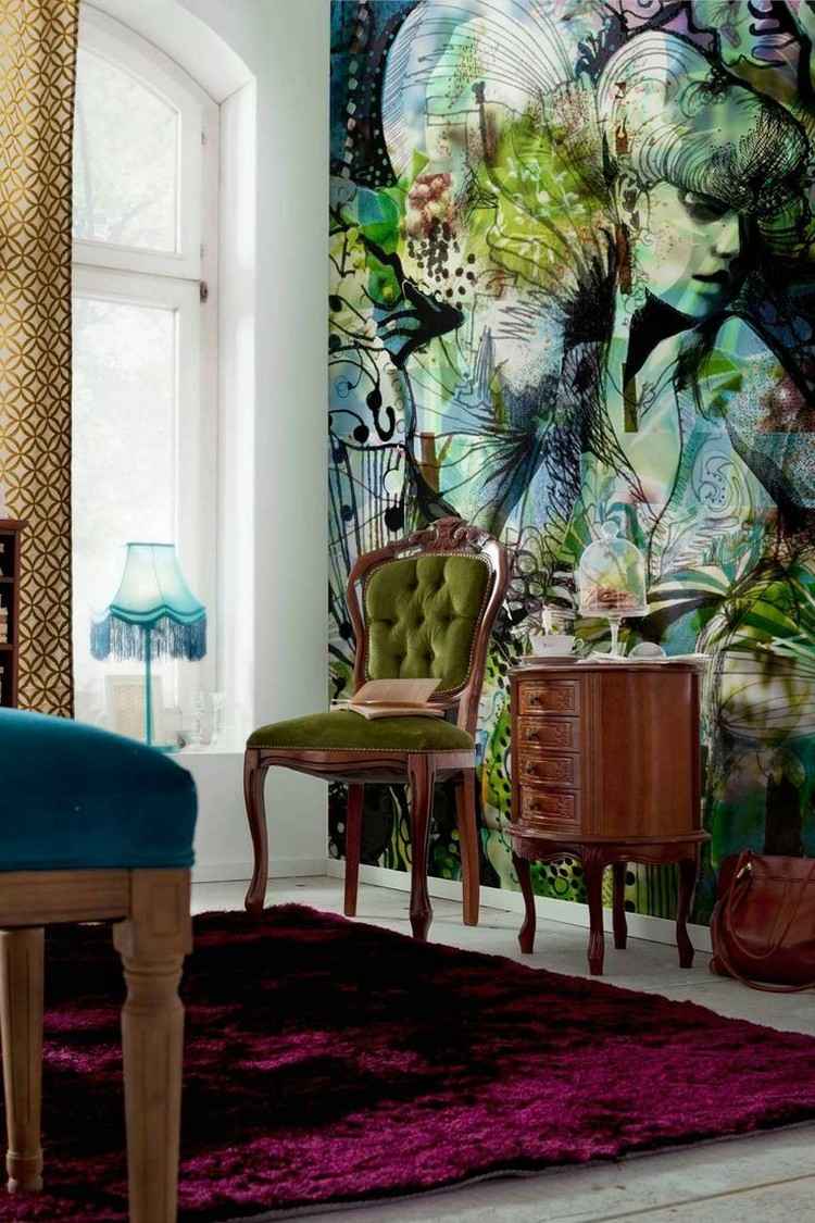 vägg-design-vardagsrum-abstrakt-gröna-blommor