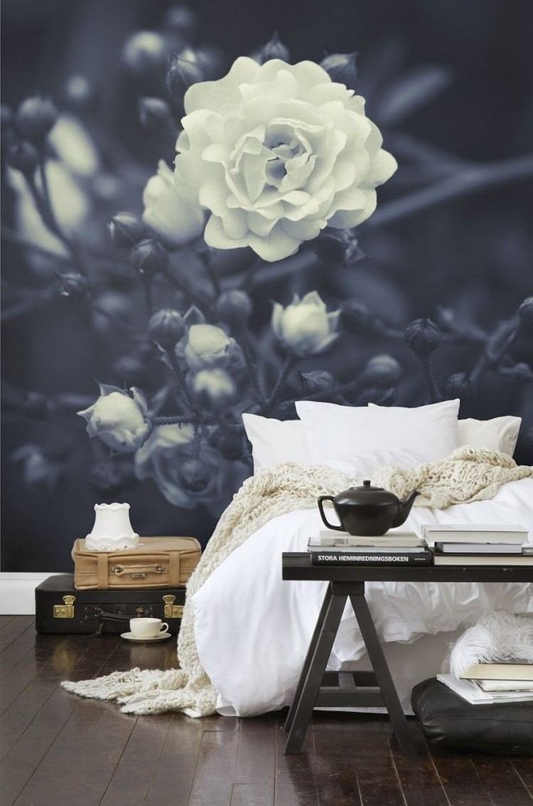 vägg-design-sovrum-foto-tapeter-svart-vit-ros