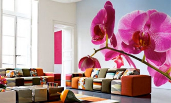 idéer för väggdesign i vardagsrummet orkidérosa