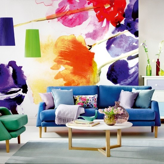 idéer väggdesign vardagsrum färgstark blandning av färger