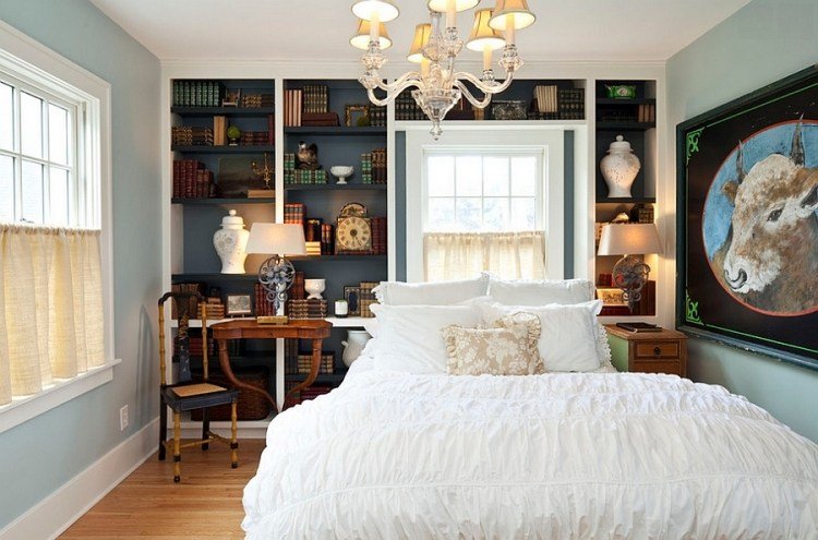 sovrum-vintage-stil-inredning-vägg-färg-blå Dekoration med böcker