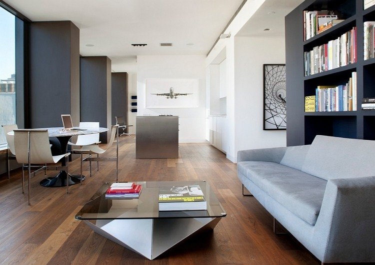 modern-lägenhet-svart-grå-vit-böcker-färgstänk