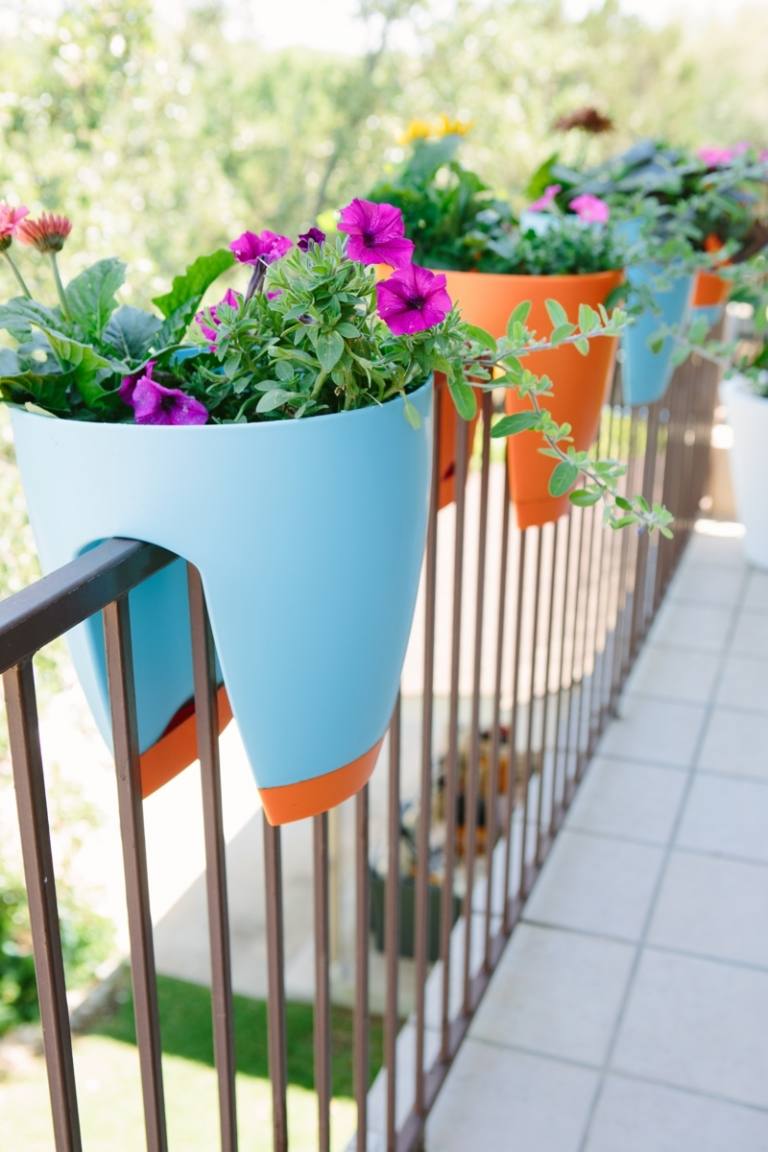balkong idéer modern design ljusblå orange petunia balustrade design