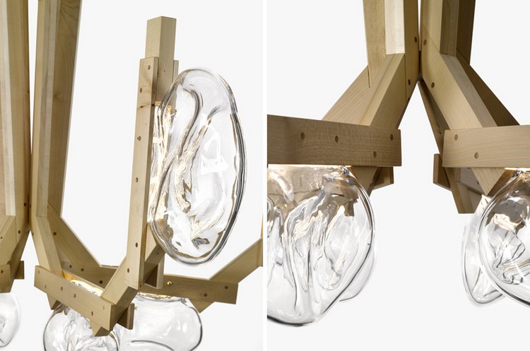 design-ljuskrona-handblåst-glas-trä-konstruktion
