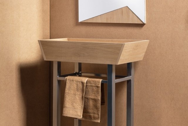 Trä handfat bord metall ben badrumsmöbler trä idéer