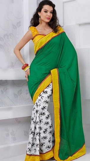 Πράσινο και άσπρο Chanderi Silk Saree με κίτρινο περίγραμμα