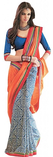 Orange And White Chanderi Silk Designer Saree