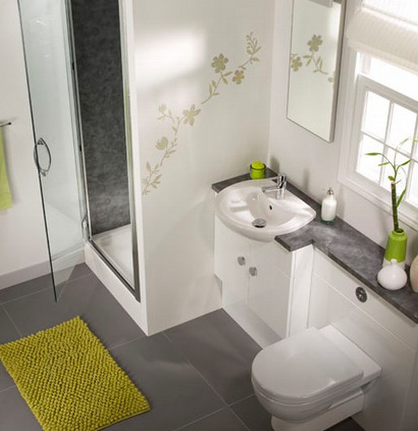 badrum duschkabin grön badrumsmatta blommiga väggklistermärken