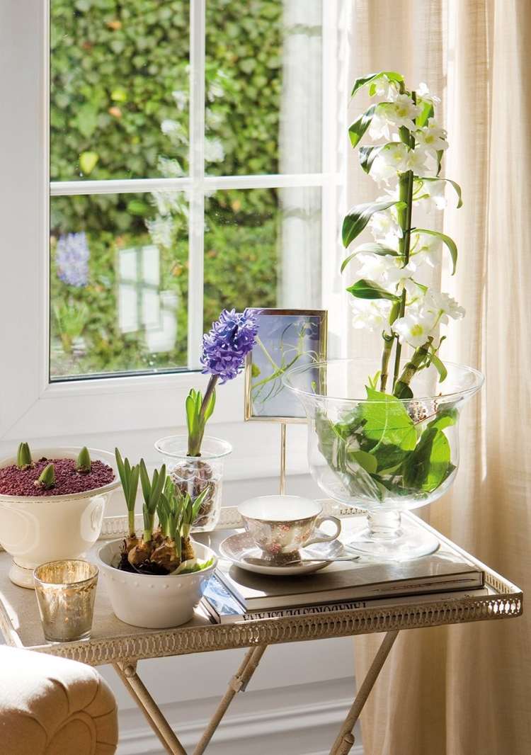 Dekorationsidéer med blommor-hyacint-arrangemang-sidobord