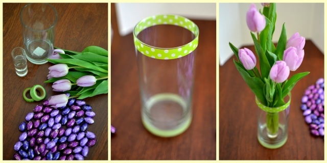 gör blommor själv bordsdekoration lila tulpaner chokladägg glas dekoration tejp