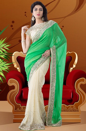 3. Πράσινο-κρεμ χρώματος μισό και μισό καθαρό saree