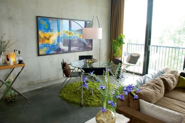 fluffiga shaggy mattor möbler modernt vardagsrum grön rund