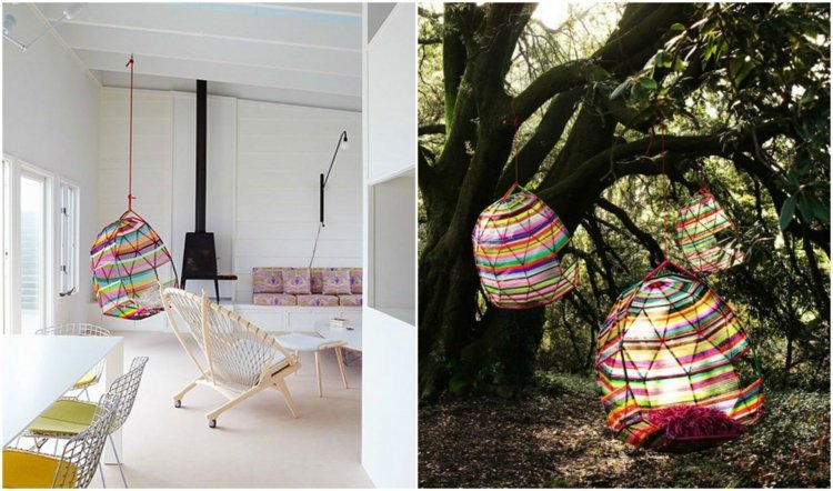 hängande stol-utanför-inne-vardagsrum-trädgård-färgglada-geometriska-hängande