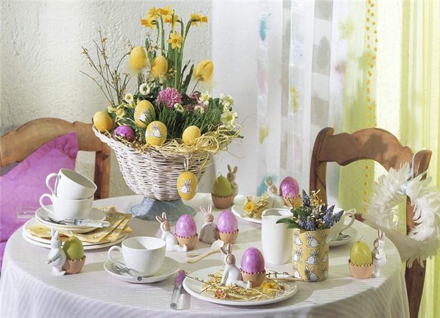 idéer påsk dekoration bord hus korg blommor ägg