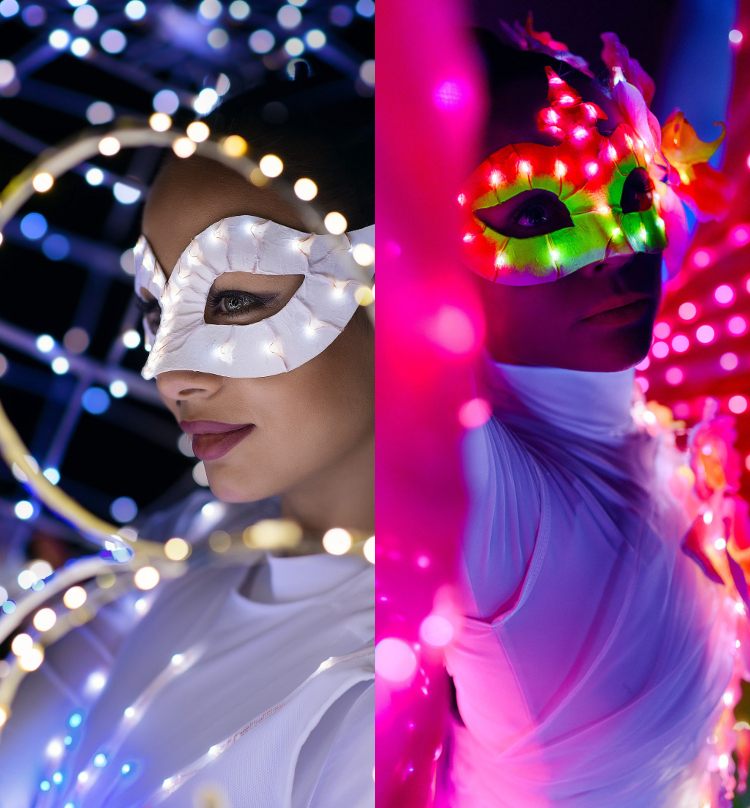 Motto -fest vinter magisk isprinsessdräkt med mask och LED -lampor