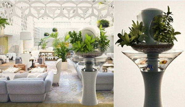 Inomhus växter planter akvarium inomhus fontän vardagsrum design idéer