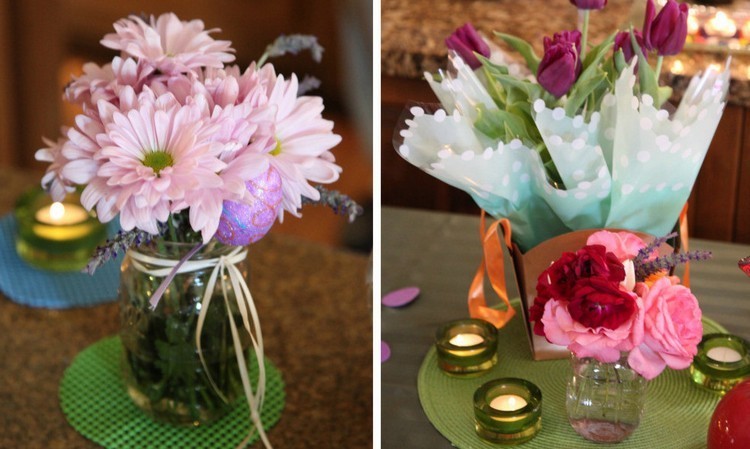 bordsdekoration-påsk-vaser-gerbera-blommor-lila-tulpaner