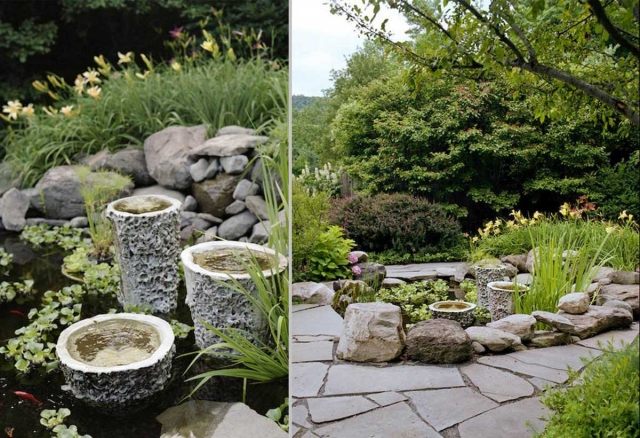 sten trädgård damm dekoration vattenväxter