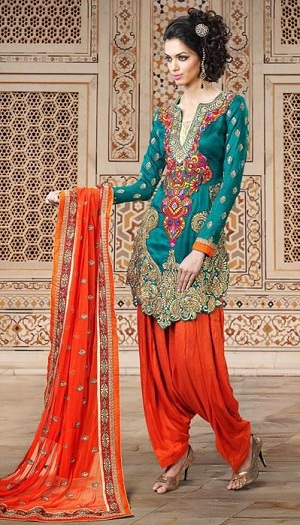 Sininen ja oranssi Fancy Punjabi Salwar -puku