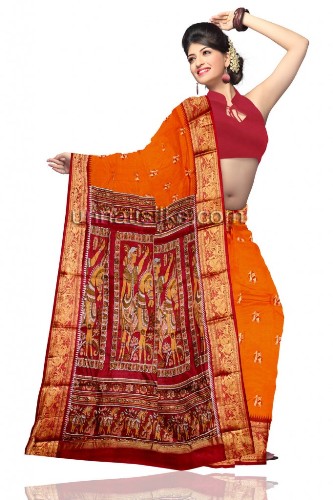 Baluchari Sarees-Orange Baluchari Silk Saree 13