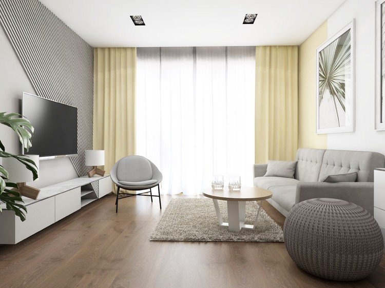 20 kvadratmeter vardagsrum grå soffa gula gardiner plattskärms -tv -vägg