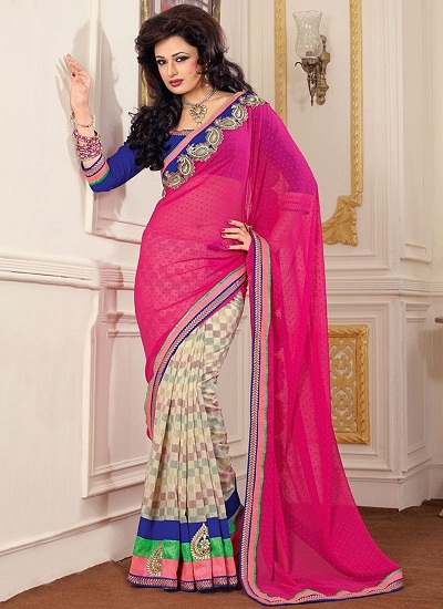 Pink And Cream Faux Georgette Saree
