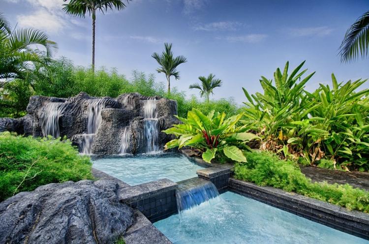 pool tropisk-design-stimulering-vattenfall-växter