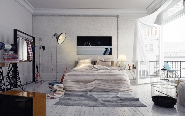 sovrum-loft-stil-vit-tegel-vägg-kläder-rack-vit-golvbräda