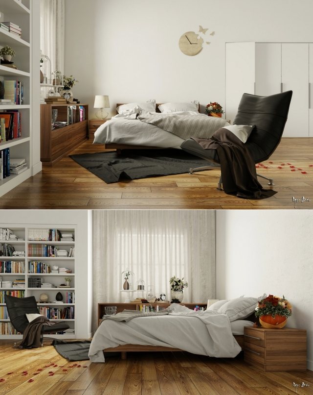 modern sovrum design laminatgolv-byrå-stående hylla
