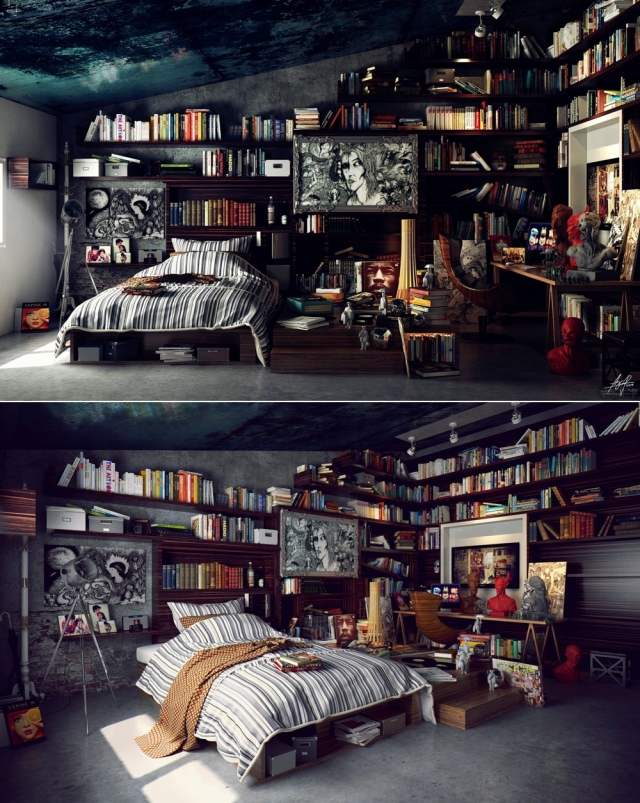 loft sovrum inspiration bokhyllor