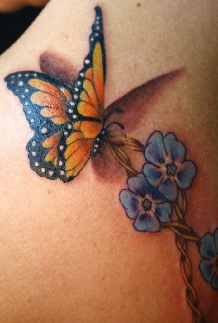 Fjäril-tatuering-med-blomma-färgglada-skugg-idéer-kvinnor-tatueringar