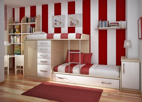 litet sovrum-design-idé-röd-vit