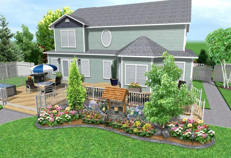 gratis 3d trädgårdsplanerare hus trä fasad veranda blommor träd