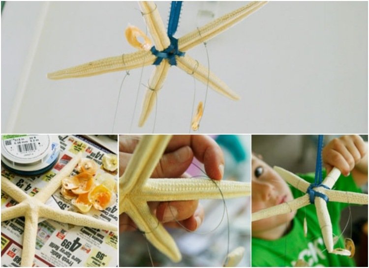 pyssla-idéer-sommar-småbarn-leker-skal-sjöstjärna-tråd