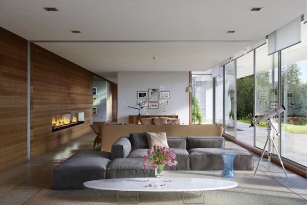Levande idéer modernt vardagsrum trä brun grå