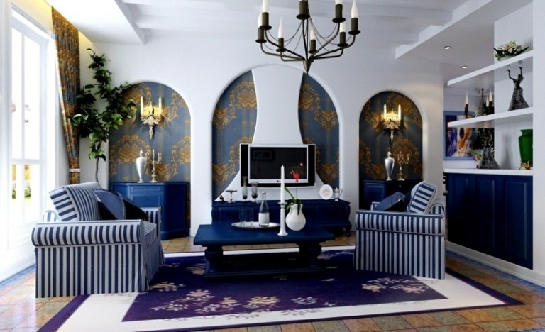 medelhavsmöbler mönster vägg design blå vita ränder matta