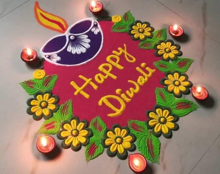 Yksinkertainen Diya Rangolin muotoilu - Onnellinen Diwali