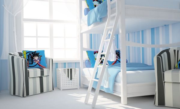 Barnrumsidéer vägg tapeter ränder-blå vit-våningssäng