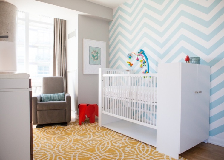 barnrum-dekoration-pojke-vägg-design-vit-blå-sicksack-mönster