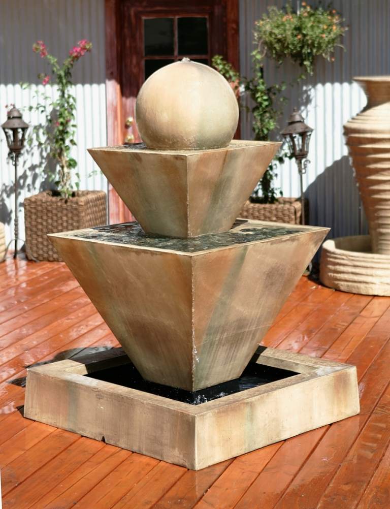 idéer för trädgård fontän sten betong boll modern design terrass