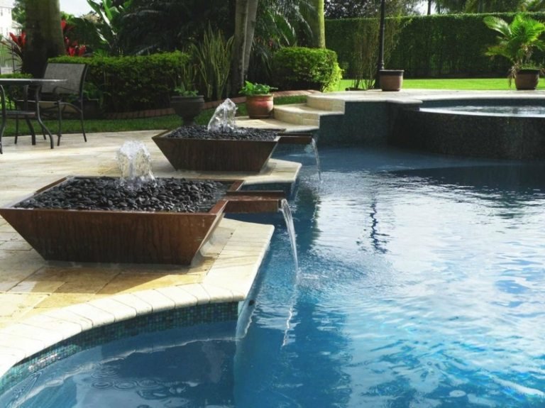 idéer för trädgård fontäner pool design skål rost småsten svart