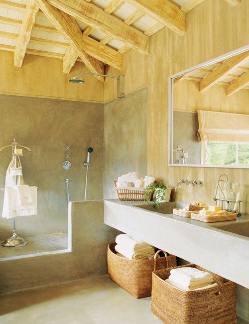 rustikt badrum handdukar i olivträskorgar