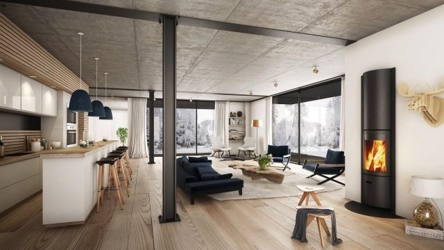 3D-renderingar skidstuga lyxig inredd loftstil utrustat kök-öppen spis