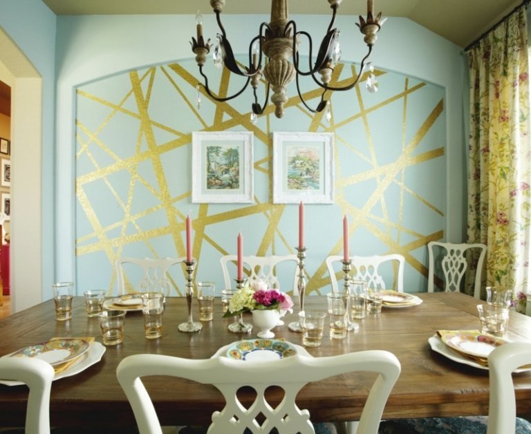 levande idéer kreativ elegant matsal möbler vägg ränder guldkrona