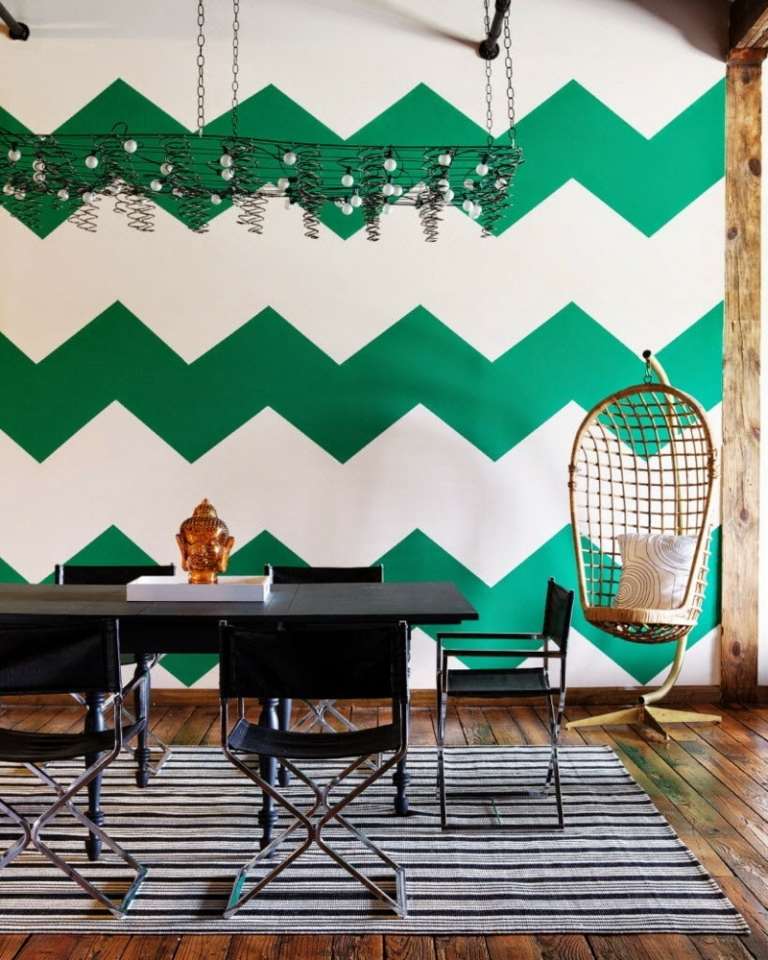 kreativa levande idéer väggdesign sicksack grön vit modern inredning matsal