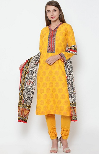 Σχεδιαστής Cotton Chudidar Suit σε κίτρινο χρώμα