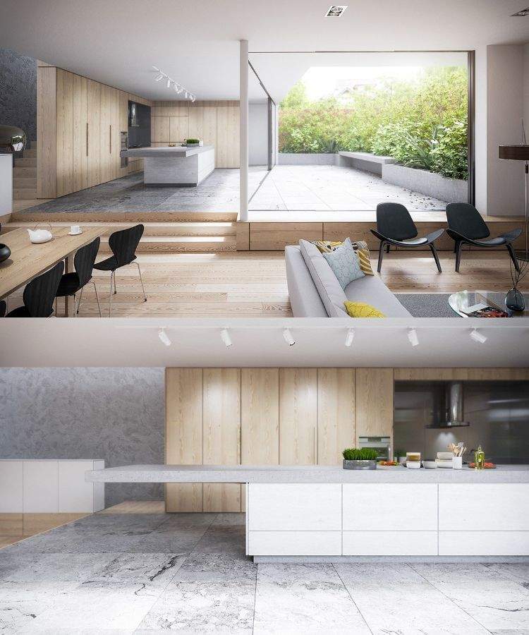 Moderna kök kök ögrå bänkskivor-sten look-trä väggpaneler
