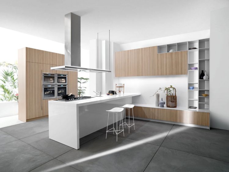 moderna kök-trä-fronter-vitt-kök-halvö-högblank-bar pall-inbyggda enheter