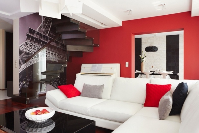 vardagsrum-design-idéer-röd-vit-svart-fototapet-eiffeltornet