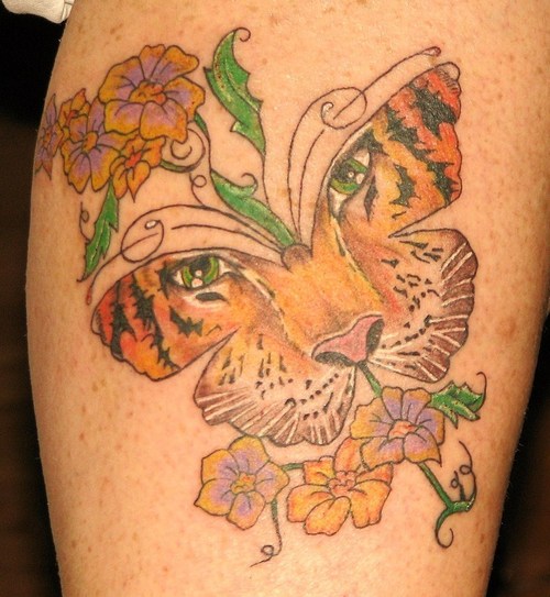 Tiger Butterfly Tattoo Design on Thigh